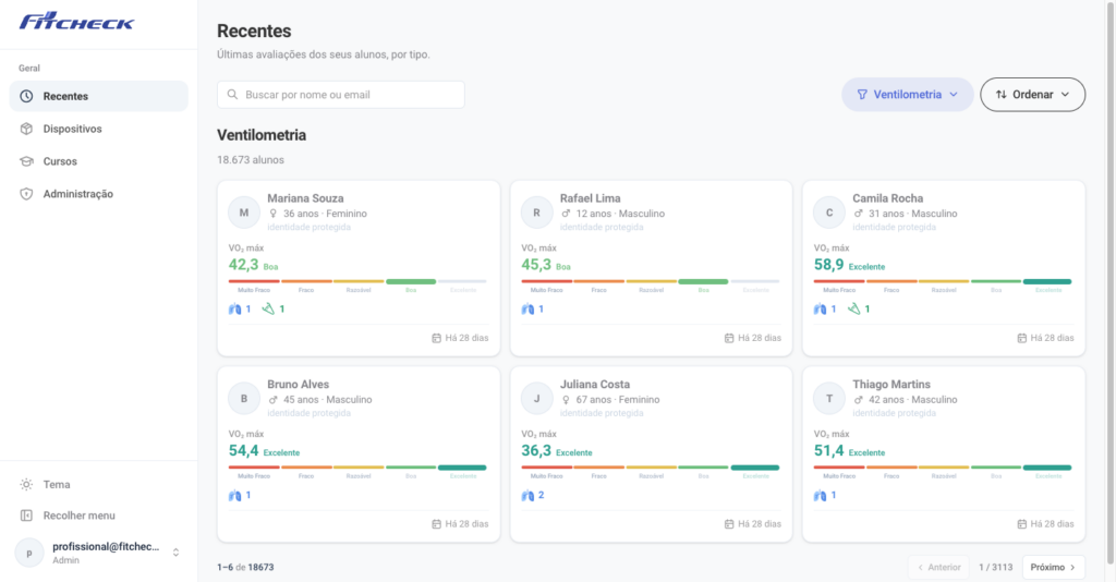 Página inicial do Fitcheck com os alunos recentes em cards, com filtro por modalidade e busca