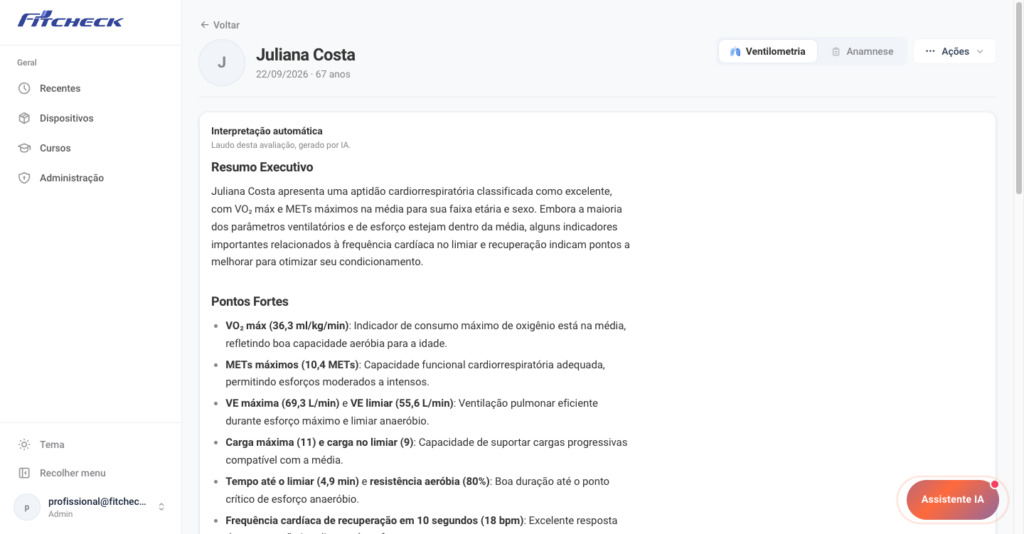 Interpretação automática por IA: laudo em texto com resumo executivo e pontos fortes