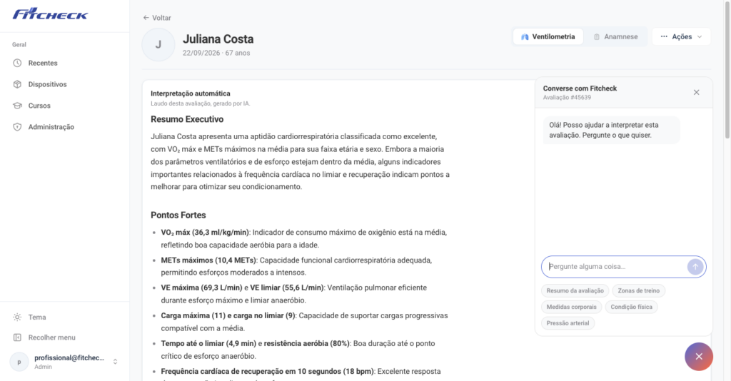 Assistente IA do Fitcheck aberto ao lado do laudo, com sugestões de perguntas